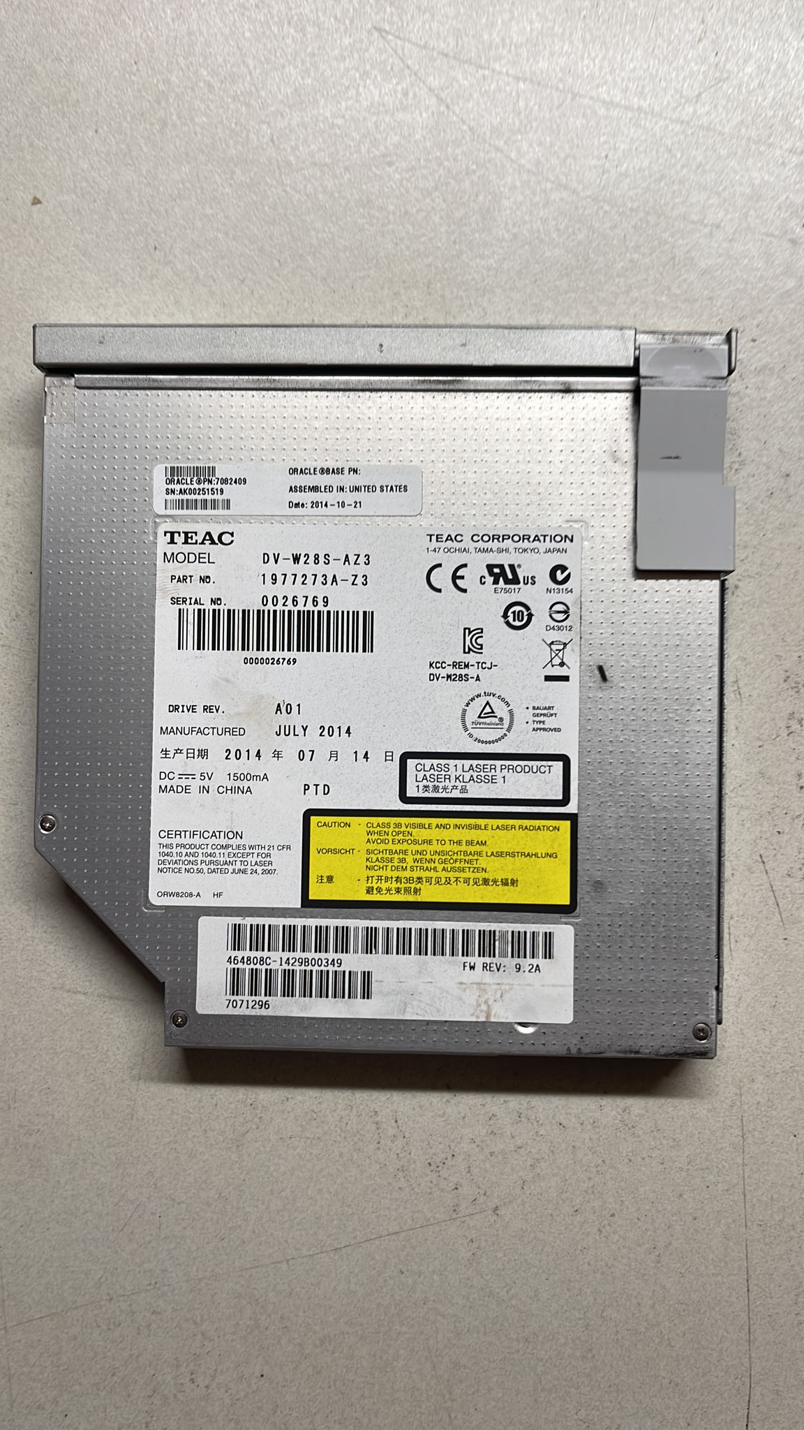 Sun Oracle 7082409 Tray Load SATA DVD-Writer, CD-Writer 7071296 2nd : : Alt () Other //